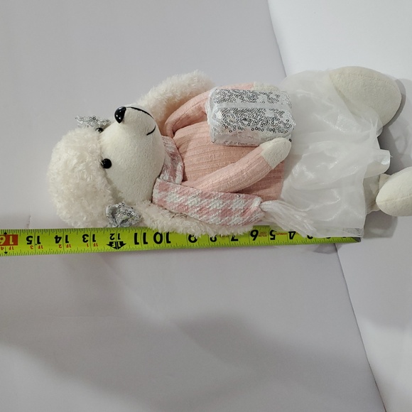 White poodle Holiday Christmas plushie with silver sequin hair bow and present - Picture 12 of 12